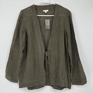 J Jill Pure Jill Jacket Womens Small Green 100% Linen Open Front Lightweight Tie